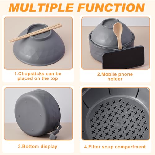 6 Pcs Microwave Ramen Cooker Set 40oz Bowl, Grey - color: Gray