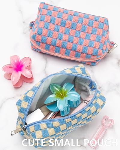 Checkered Makeup Bag for Purse, Small Travel Cosmetic Pouch,Blue Beige - color: Blue Beige