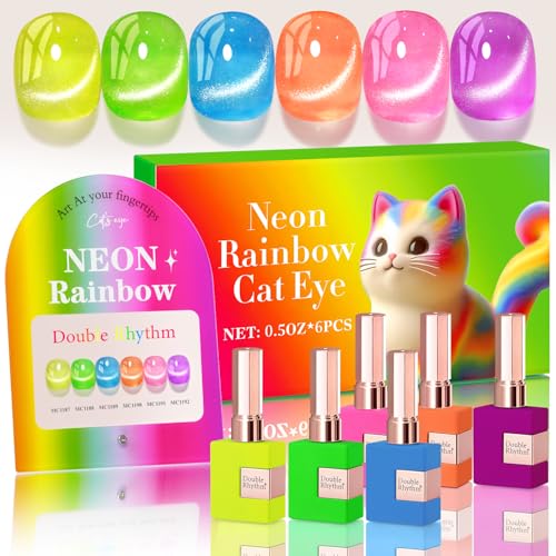 Double Rhythm Cat Eye Gel Nail Polish Set of 6 Same Color Same Bottle 0.5 Oz Shimmer Glitter with Magnet Holographic Reflective Magnetic UV Polish Kit at Home (Neon Orange Red Blue Green-T6-34) - color: Neon Rainbow