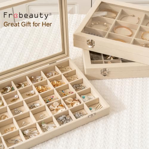 Frebeauty 35 Grid Earring Organizer,Velvet Jewelry Tray with Clear Lid - color: Beige, size: 35 Grid