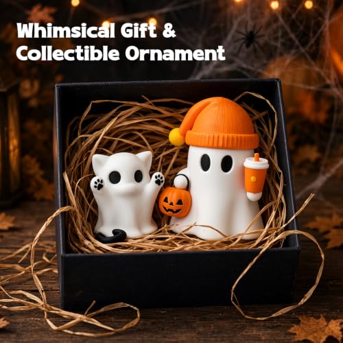 Cute Cat Halloween Ghost Figurine with Pumpkin Bucket and Orange Drink - color: Orange Pumpkin Kitten Ghost