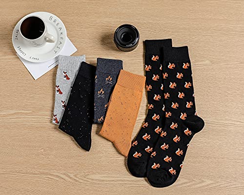 Mens Dress Socks, 5 Pair Combed Cotton Colorful Patterned Funny Crew Socks for Men Comfort - color: Squirrel