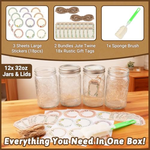 STARSIDE Wide Mouth Mason Jars 32oz, 12-Pack with Airtight Lids and Bands - color: Clear02-32oz