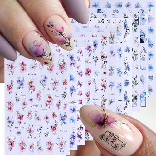 Ink Flower Nail Art Stickers 12 Sheets 3D Self-Adhesive Nail Decals with Tweezers Watercolor Floral Leaves Stickers Charming Blossom Flowers Designs Nail Art Supplies Manicure Accessories for Women - style: Watercolor Flower Styles
