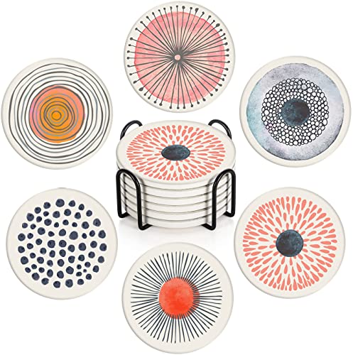Britimes Coasters for Drinks, Set of 6, Ceramic Stone, Flower Circles - color: Doodle Flower