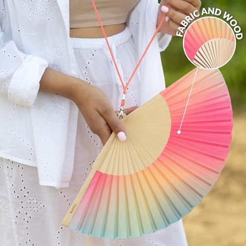 Fisura - Original Folding Fan with Gradient Colors. Wooden Handheld Fan for Women. Pink and Green Design for Raves, Festivals, weedings. Hanger Included. Size: 16.7 x 9 inches - color: Pink and Green
