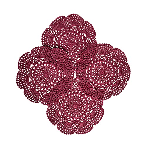 Phantomon 8 Inch Doilies Crochet Round Lace Doily Handmade Placemats 100% Cotton Crocheted Coasters, Pack of 4 (Burgundy) - color: Burgundy