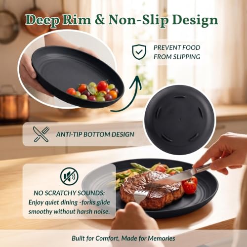 Homienly Wheat Straw Plates Set - 11 inch Reusable Large Dinner Plates Set of 8, Lightweight Unbreakable Salad Plates, Microwave and Dishwasher Safe Plates, Deep Plates for Dinner, Camping - Black - color: Black, size: 11 Inch