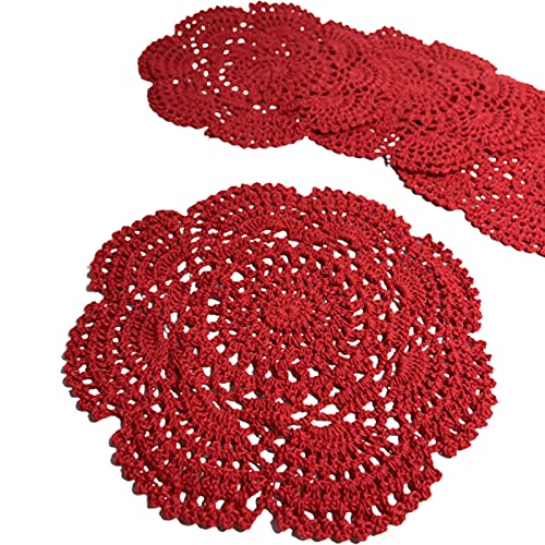 Phantomon 8 Inch Doilies Crochet Round Lace Doily Handmade Placemats 100% Cotton Crocheted Coasters, Pack of 4 (Red) - color: Red