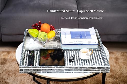 PEMAR 20-Inch Large Square Capiz Shell Inlay Tray – Modern Dark Grey & Charcoal Brick Pattern – Handcrafted Decorative Serving Tray for Coffee Table, Ottoman, and Luxury Home Decor - color: Grey-white Stripes