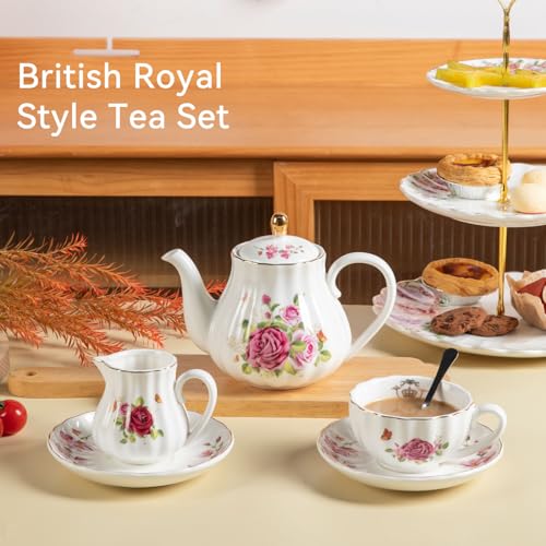 Porcelain Tea Sets British Royal Series, 8 OZ Cups & Saucer Service for 6, with Teapot Sugar Bowl Cream Pitcher Teaspoons and Tea Strainer, Suitable for High Tea, Wedding, Party (Midsummer Rose) - color: Midsummer Rose