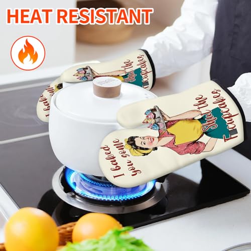 Funny Oven Mitts for Women Yellow Kitchen Accessories and Decor Oven Mitt Sets Retro Humor House Warming Cooking Baking Gifts for Mom Wife Sister (Beige, Oven Mitts & Pot Holders)