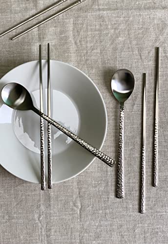 Korean Made Silver Glossy Hammered Stainless Steel Korean Spoon & Chopstick SET Gift for Mom Stocking Stuffer(4SET)