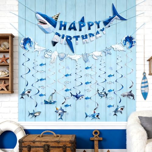 Paper Jazz Ocean Shark Decor Whale Shark Party Decoration for Wall,Under The Sea Birthday Banner with Swirls, Baby Shark Birthday Supplies Hanging Fish for Room Classroom Party （Blue） - color: Blue