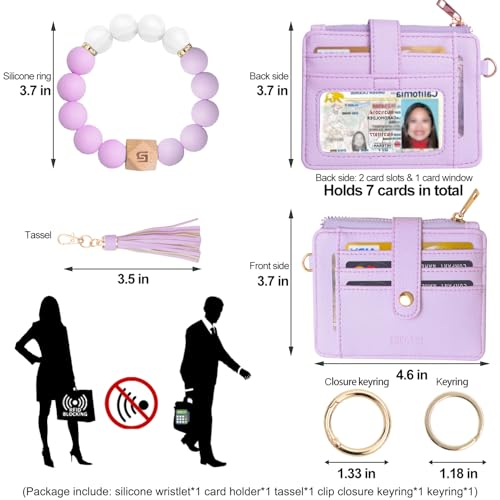 COOLANS Silicone Bracelet Wristlet Wallet Credit Card Holder RFID ID Window Key Ring Tassel Slim Wallet Women Keychain Purse - color: Light Purple