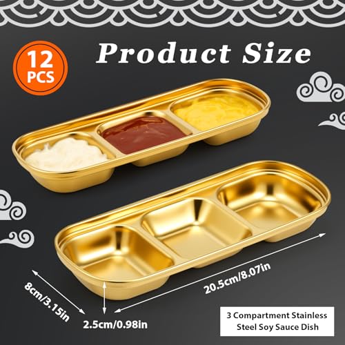 Maxcheck 12 Pcs Soy Sauce Dish Stainless Steel Divided Dip Bowls Korean 3 Compartment Sauce Plate Seasoning Dipping Condiment Tray for BBQ Vinegar Spice Salt Sugar Flavor Home Restaurant (Gold) - color: Gold
