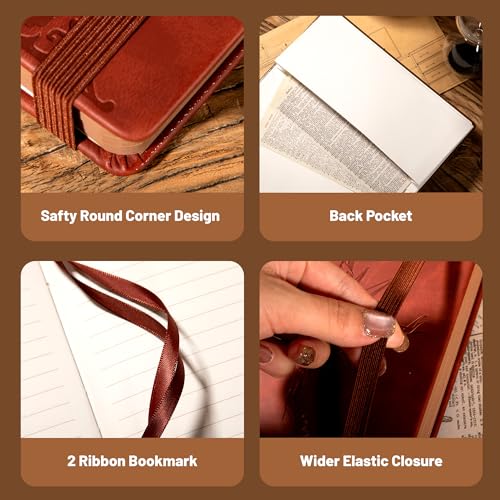 CAGIE Compass Leather Journal for Men Women, A5 Lined Notebook Writing Gift - color: Wine Red