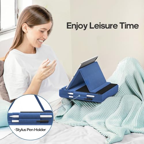 KDD Tablet Pillow Stand, Multi-Angle Viewing Ipad Holder for Lap, Bed and Desk, Foldable Soft Pad Dock with Stylus Mount Compatible with Ipad Pro 12.9, 10.5, 11, Air, Mini, Phones, Books, E-Reader - color: Blue