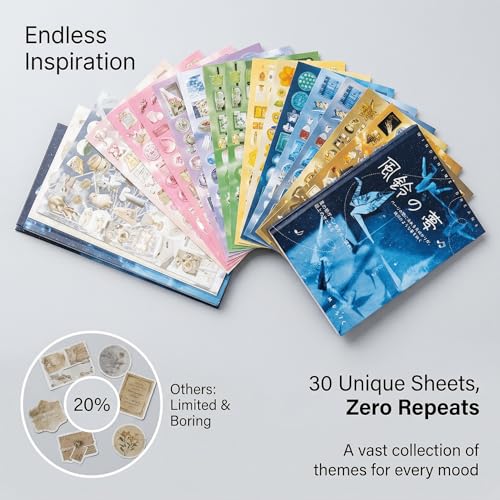 30 Sheets Japanese Aesthetic Sticker Book with Hard Matte Cover, Dreamcore Ocean Theme- Seashells Starfish Seahorses Water Patterns for Journaling, Scrapbooking, Planners, Vision Boards - color: Wind Chime