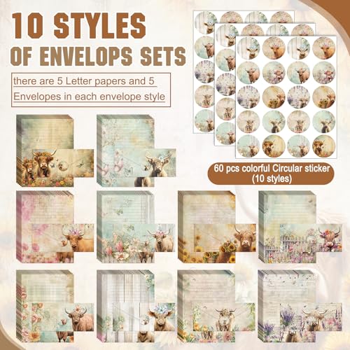 TaoBary 160 Pcs Floral Highland Cow Stationery Paper and Envelopes Set - size: 8.5 x 11 Inch, style: Floral Highland Cow