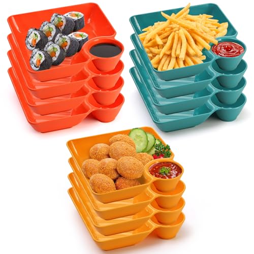 Lawei 12pcs Chip Dip Serving Platter Set, Plastic Dumpling Plates with Sauce Compartment, Square Serving Dish Sushi Plates, Small Dip Tray for Appetizer, Taco Salsa, Fruit, Charcuterie - size: Multi-color