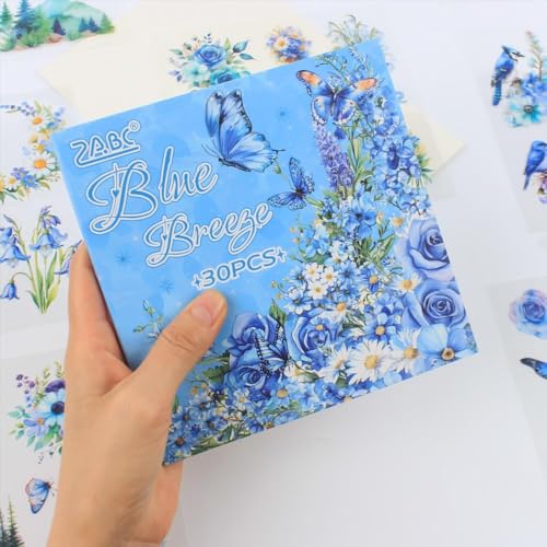 30 Sheets Precut Blue Flower Garden Landscape Stickers Book for Junk Journal Supplies, Transparent PET Stickers for Journaling, Scrapbooking, Bujo, Collage, Card Making - color: The Blue Breezy