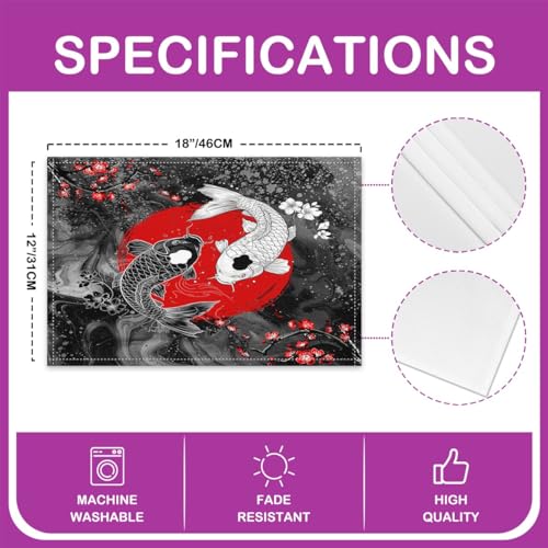 Feelyou Japanese Koi Fish Placemats Set Set of 4 18"x12" - color: Red White and Black