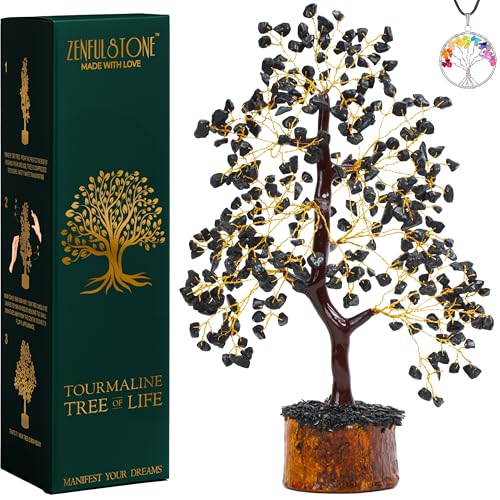 ZENFULSTONE Black Tourmaline Crystal Tree for Protection & Grounding from Negative Energy as Home & Office Decore | Handmade Bonsai for Protection | Perfect Cleansing Energy Gift for Mom & Dad - color: Black Tourmaline Golden Wire
