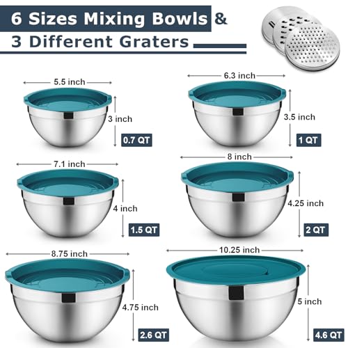 P&P CHEF Mixing Bowls with Lids Set of 6, Nesting Salad Bowl, Blue - color: Blue