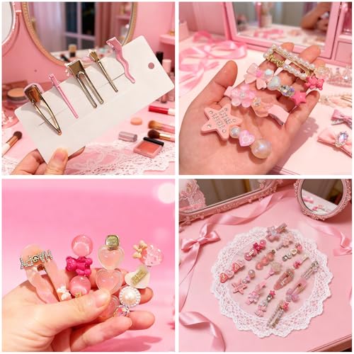 15 Pcs Girl and Women Hair Clips, Sweet and Fashionable Hair Clip Set, Pearl Color Acrylic Resin Hair Accessories, Suitable as Gifts for Girls and Women(pink) - color: pink
