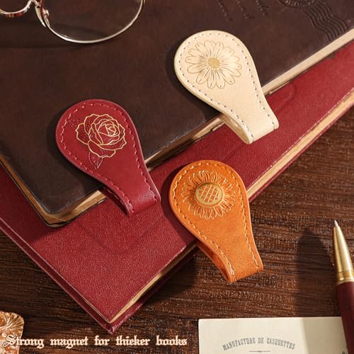 3PCS Vintage Magnetic Leather Bookmark, Leather Magnetic Bookmarks for Women, Magnetic PU Bookmarks Clip Book Accessories, Gilded Flower - style: Gilded Flower