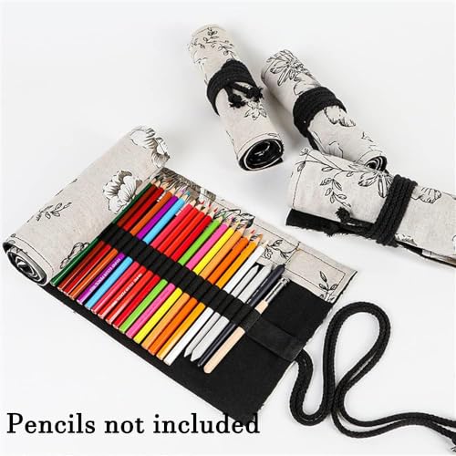 DIYOMR 24/36/72 Slots Pencil Wrap Pencil Rolls, Artist Colored Pencils Roll Up Bag Short Brushes Pouch Case Pencils Organizer for Drawing Coloring and Sketching,No Pencils (Peony Flower, 24slots) - color: Peony Flower, size: 24slots