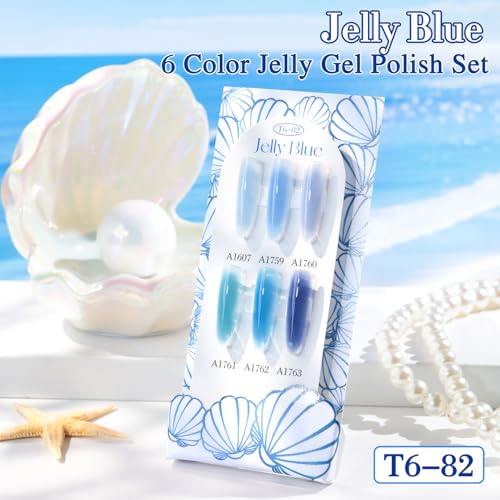 Double Rhythm 6 Pcs 15 ML Gel Polish Set Same Color Same Bottle Soak Off Gel Polish Kit Nail Art Manicure Salon DIY at Home for Women (Jelly Milky Light Dark Blue Navy-T6-82) - color: Jelly Blue