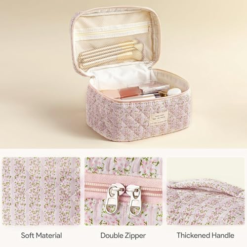 HBselect Quilted Makeup Bag, 3Pcs Cotton Large Travel Makeup Bags Organizer - color: A-3PCS-Floral 16