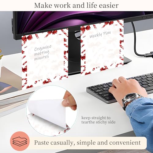 Sticky Notes 3x3 Inches, Cute Self-Stick Note Pads, Funny Memo Pads, Easy to Post Sticky Notes for Office, Home & Notebook Red Candy Cane Bows - color: Red Candy Cane Bows