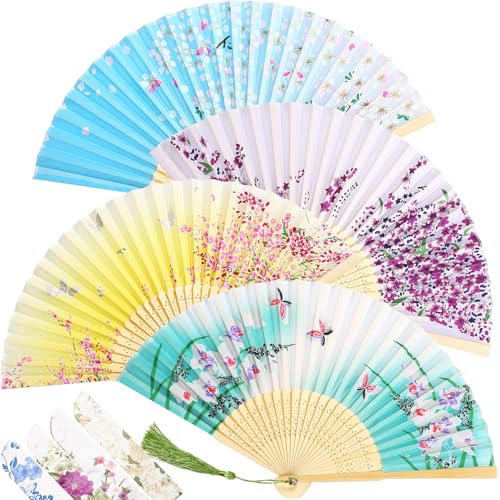 Zonon 4 Pack Hand Held Folding Fans for Women Silk,Bright - style: Bright