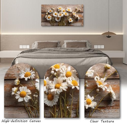 KZKU Wall Art Floral Canvas Print Rustic Daisy Painting Farmhouse -White Flowers on Weathered Wood Background- Modern Hmoe Decor for Living Room Bedroom 20X40in - color: brown, size: 40"L x 20"W