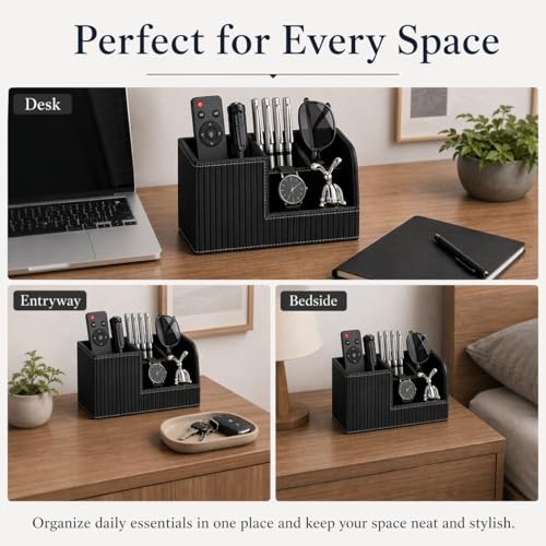 KINGFOM Desk Pen Organizer Office Supplies Caddy Pu Leather Multi-function Storage Box Pen/Pencil,Cell phone, Business Name Cards Remote Control Holder (Black) - color: Black