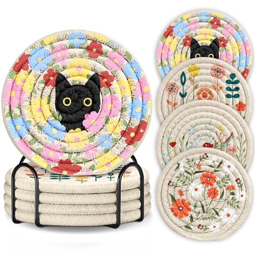 Drink Coasters Set of 4 - Cute Absorbent Cup Coasters for Drinks Coffee Table Office Home Desk Decor Soft Woven Cotton Cloth Braided Fabric Drinking Cup Mat with Holder Flower Cat Bird Plants - style: Cat Flowers Bird