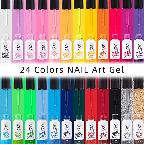 SXC Cosmetics 24-Color Gel Liner Set for Nail Art - With Built-in Thin Brush for Swirl Nail Designs and Soak-Off Gel Polish - color: 24 Colors Pro Series