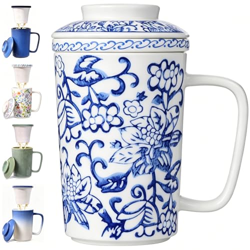 Ceramic Tea Mug with Infuser and Lid,16oz Porcelain Loose Leaf Tea Cup with Large Handle,Metal-Free Filter,Microwave &Dishwasher Safe,Perfect for Tea,Coffee (Classic Blue and White) - color: Classic Blue and White