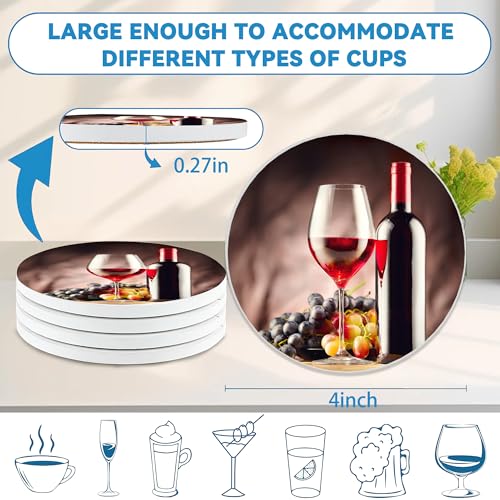 Drinks Coasters Set of 4, Wine Glass Round 4" Cup Coasters, Absorbent Ceramic Stone Coasters with Cork Base, Cute Coasters for Table Home Décor, Ideal Gifts for Women Men - color: Wine Glass