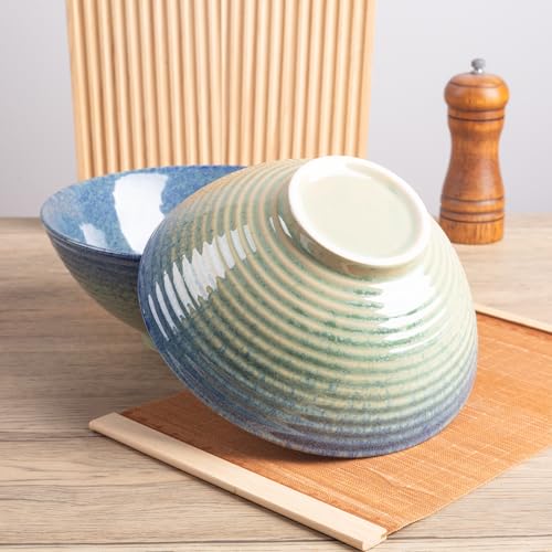 40oz Japanese Ceramic Ramen Bowl Set of 2 with Chopsticks and Spoons for Pho Udon Asian Soup Noodles (Sea Blue) - color: Sea Blue