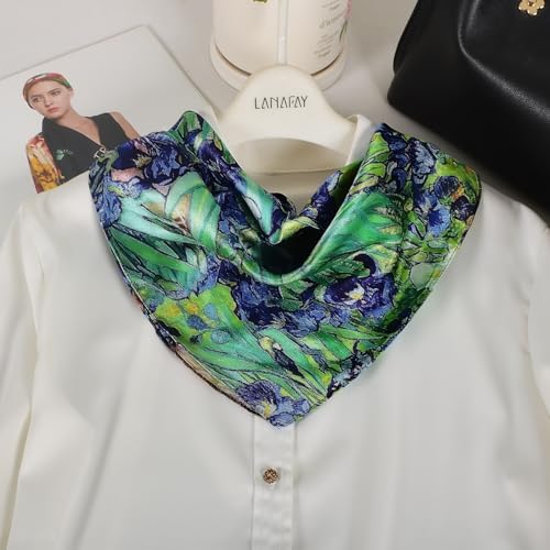 Women 100% Mulberry Silk Neck Scarf 21" Square Floral Neckerchief - color: Blue Green Iris