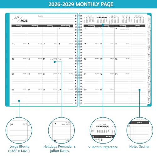 Monthly Planner 2026-2029, 36 Months Calendar Planner 2026-2029 from Jul 2026 – Jun 2029, 8.5'' x 11'' with Ruled Spread, Flexible Cover, Spiral Wirebound, Pocket, Coated Tabs, Notes ＆ Habit Tracker