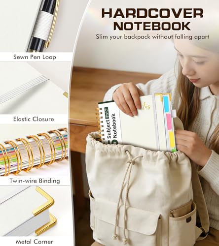 5 Subject Spiral Notebook Journal with Removable Dividers Tabs, 300 Pages Organizer Notebooks for Work School, 8"x10" Hardcover Leather Notebook College Ruled, Large Lined Journal for Women Men,White - color: White, size: B5