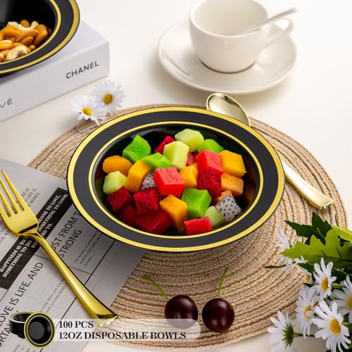 realluck 100 Pack Black Disposable Soup Bowls with Gold Rim - color: Black, size: 100Pack