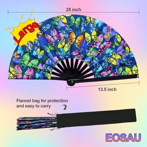 EOSAU Large UV Glow Rave Fan Folding Hand Fans for Line Dancing Butterflies - color: 13" Butterflies