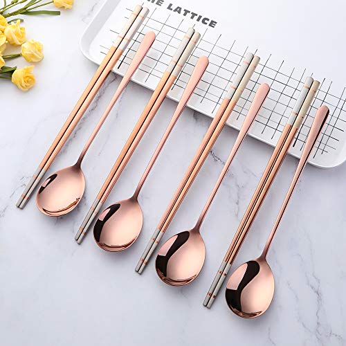 Buyer Star 4 Set Rose Gold Square Chopsticks and Spoons Set Metal Stainless Steel Spoons Chopsticks Set - color: rose gold-square chopstick and spoon