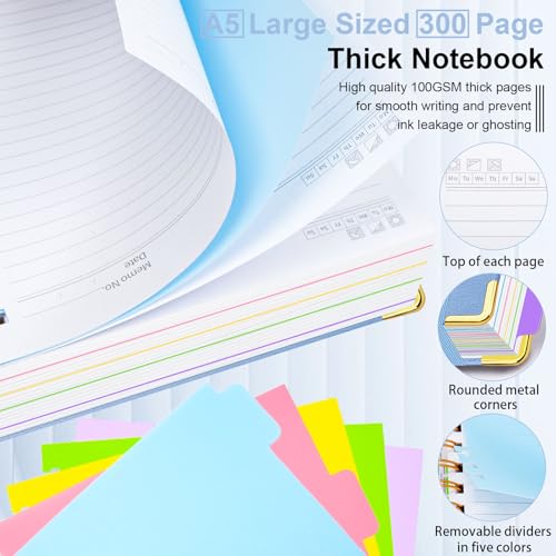 Hardcover Spiral Notebook 6.2"x 8.2" Journal Notebook with Tabs and Removable Dividers 300 Pages 5 Subject Notebook College Ruled, Faux Leather Spiral Bound Notebook for Women School Work(Lake Blue) - color: Lake Blue, size: 6.2"x8.2"(A5)